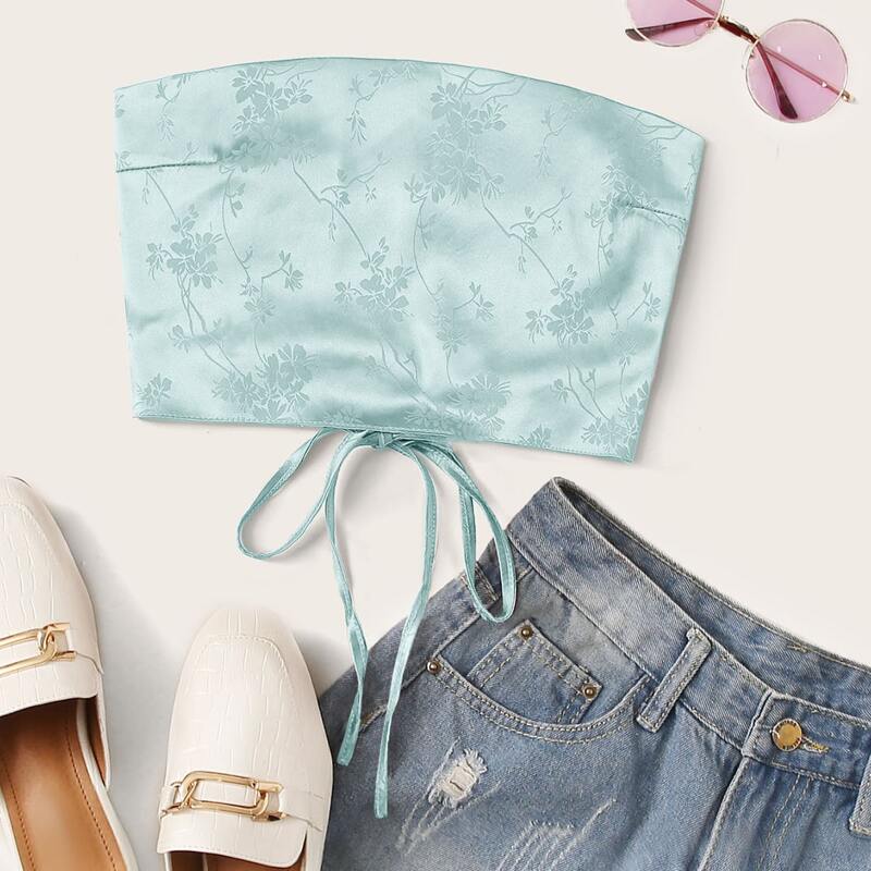 

Satin Jacquard Lace-up Tube Top, Green
