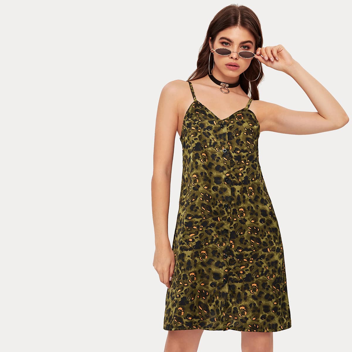 

Leopard Button Front Cami Dress, Multicolor