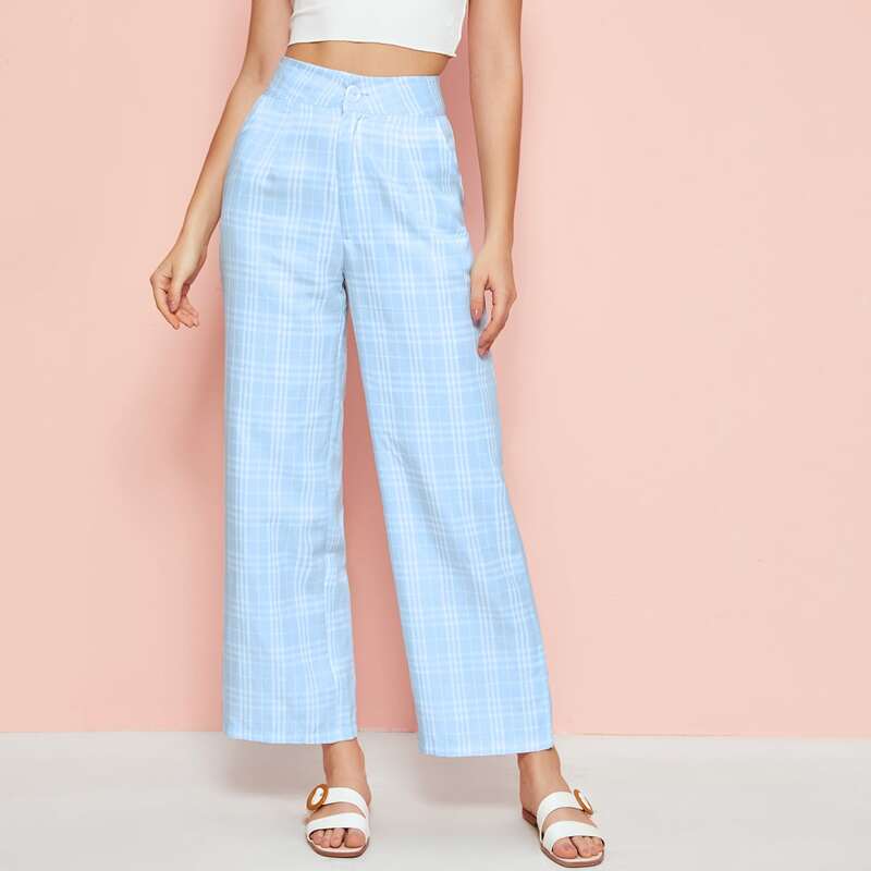 

Plaid Straight Leg Pants, Baby blue
