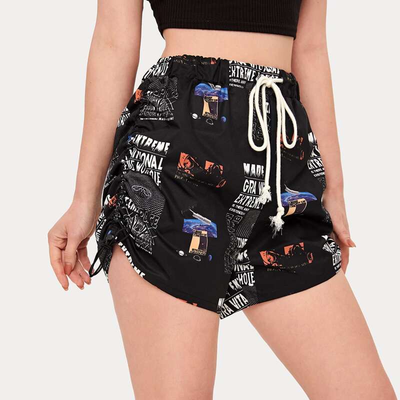 

Pop Art Print Ruched Shorts, Black