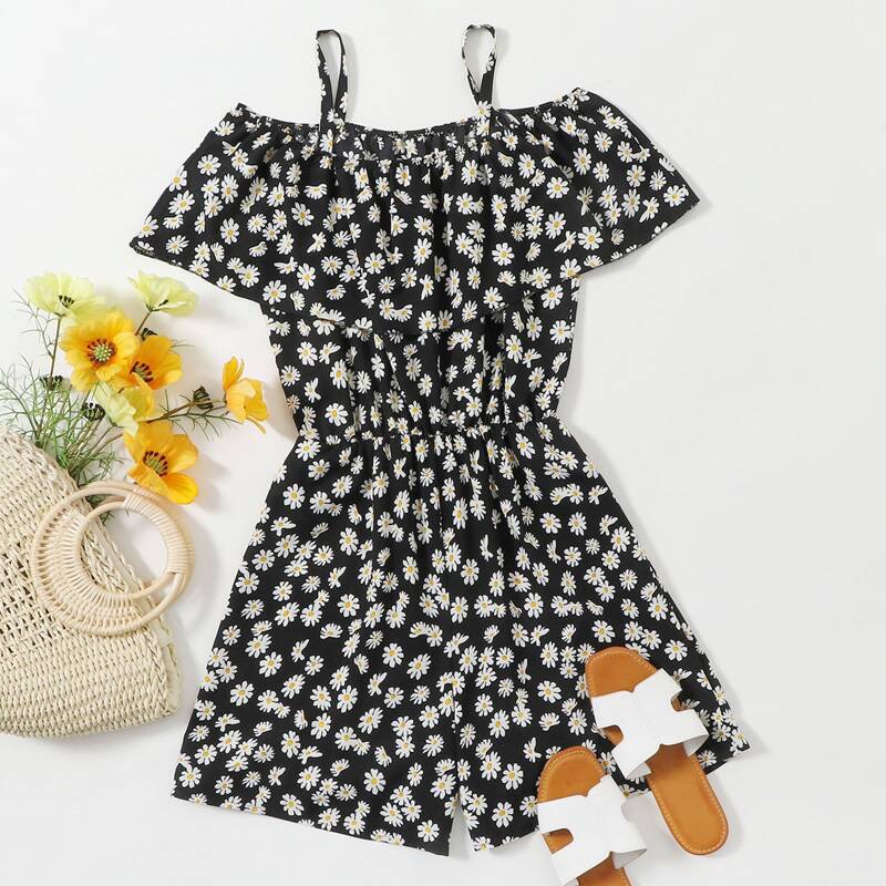 

Daisy Print Flounce Cami Romper, Black
