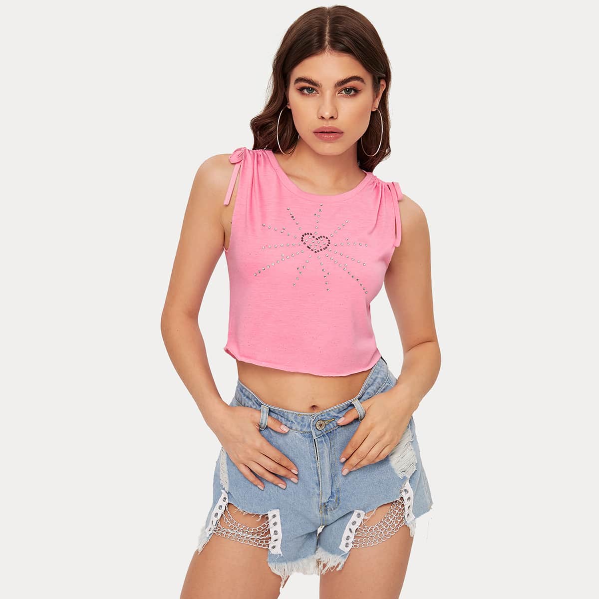 

Ruched Shoulder Rhinestone Front Crop Tank, Pink