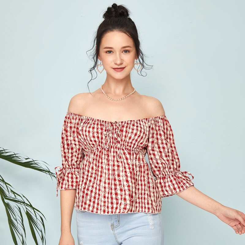

Gingham & Daisy Print Blouse, Red