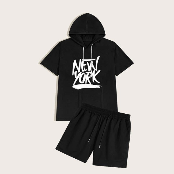 

Men Letter Graphic Drawstring Hoodie & Track Shorts, Black