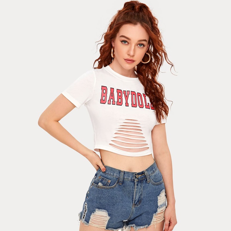 

Letter Graphic Ripped Crop Top, White