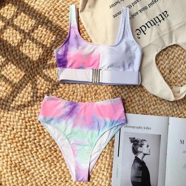 

Tie Dye Belted High Waisted Bikini Swimsuit, Multicolor