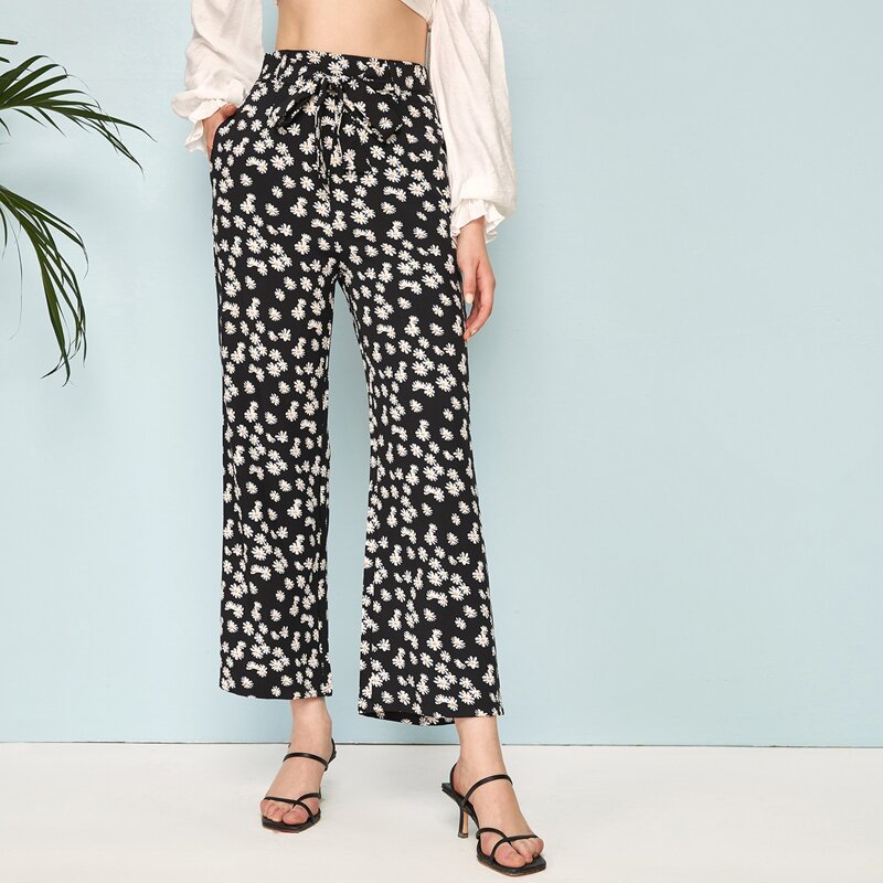 

Daisy Print Wide Leg Pants, Black