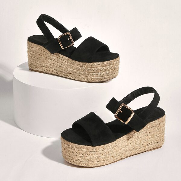 

Buckle Decor Slingback Espadrille Wedges, Black