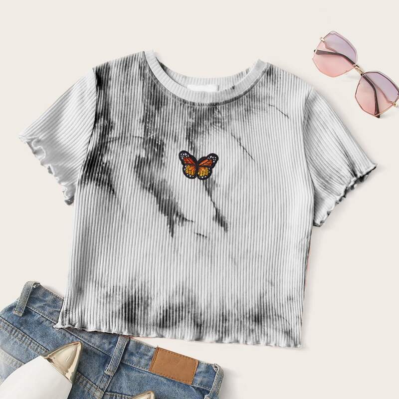 

Ribbed Butterfly Patched Tee, Grey
