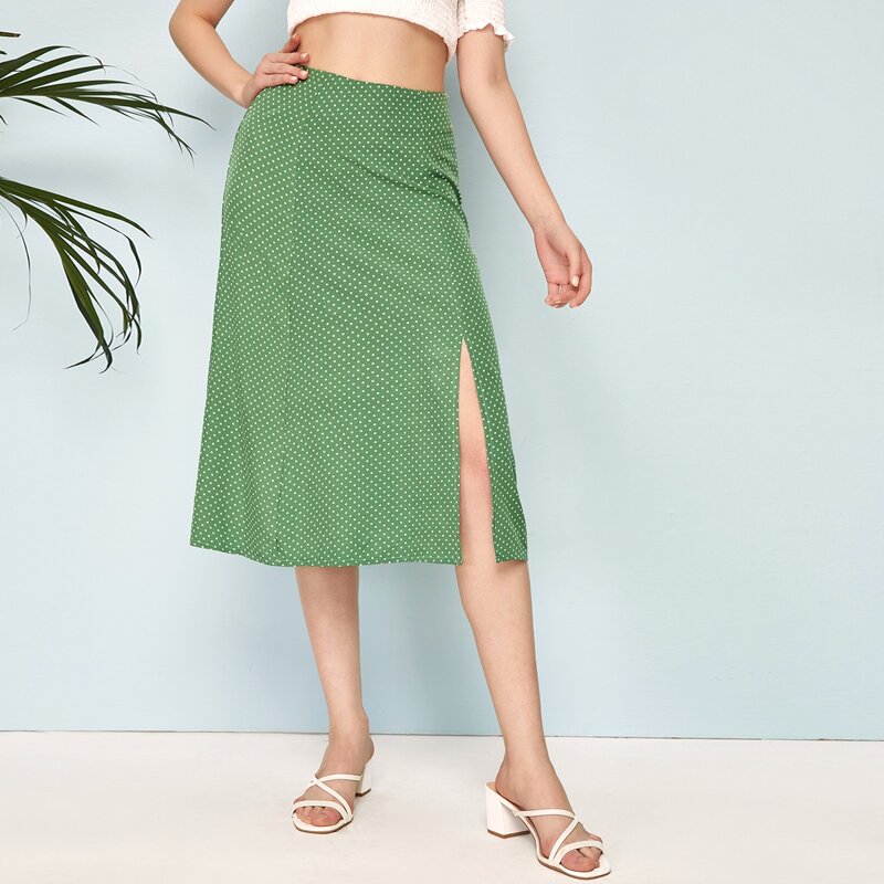

Polka Dot Split Midi Skirt, Green