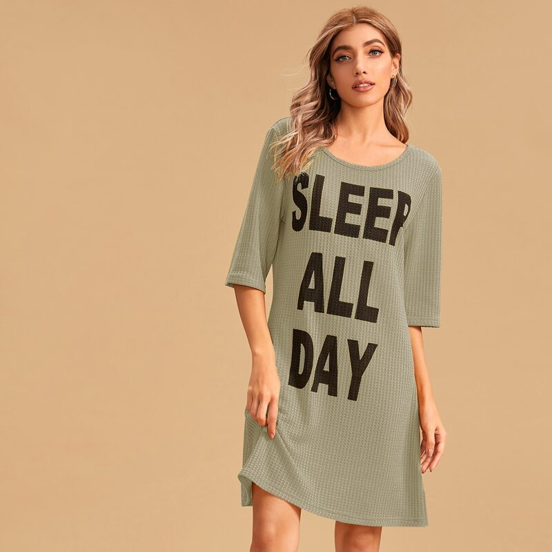 

Slogan Graphic Half Sleeve Waffle Dress, Grey