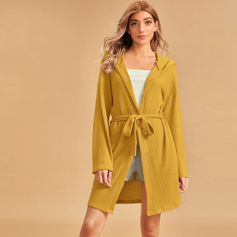 

Waffle Knit Hooded Belted Robe, Yellow