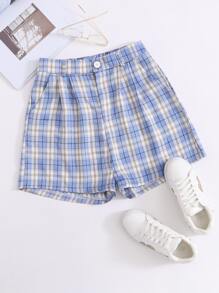 Tartan Plaid Wide Leg Shorts - Blue - View 1