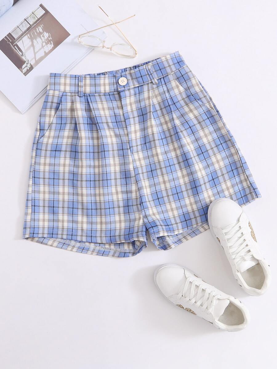 Tartan Plaid Wide Leg Shorts - Blue - View 1