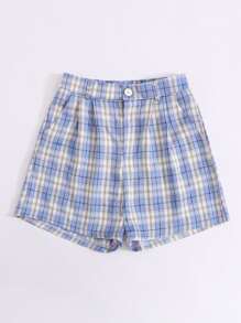 Tartan Plaid Wide Leg Shorts - Blue - View 3