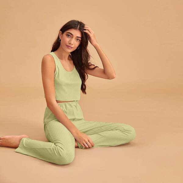 

Rib-knit Tank Top & Pants PJ Set, Green