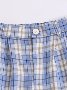 Tartan Plaid Wide Leg Shorts - Blue - View 5