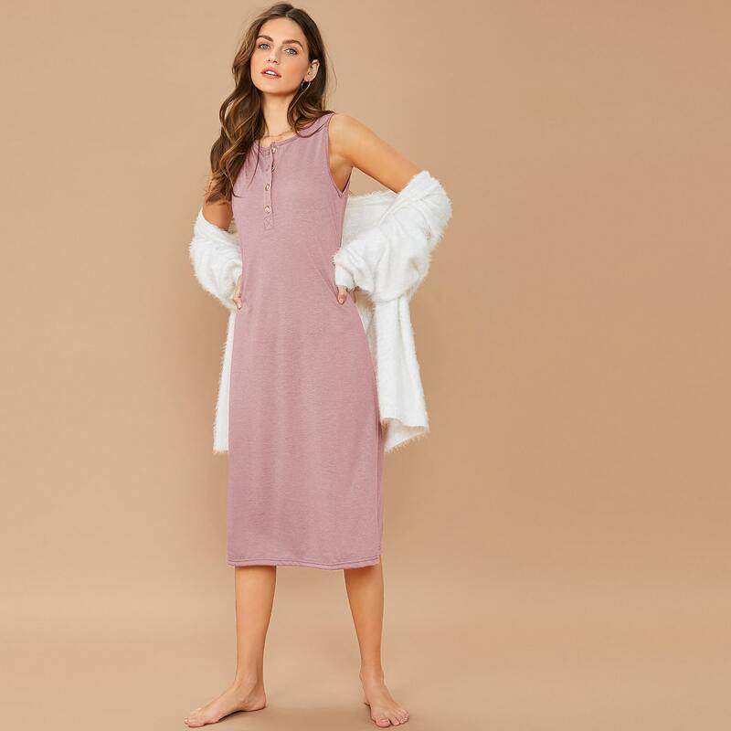 

Half Placket Solid Tank Dress, Pink