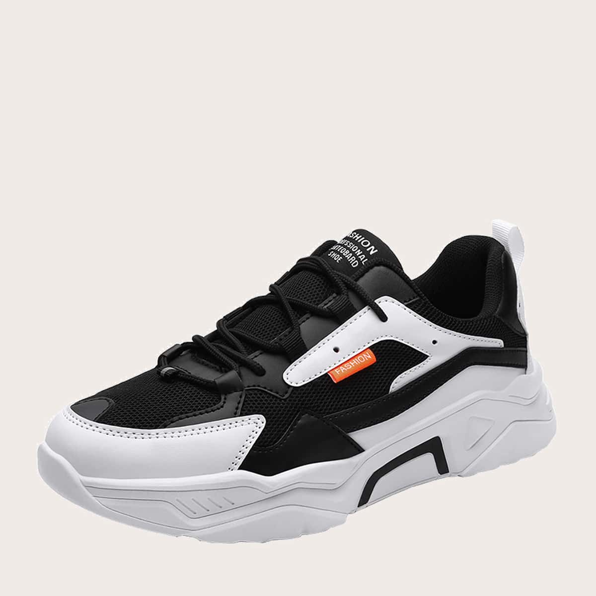 

Guys Mesh Panel Lace-up Front Sneakers, Black and white