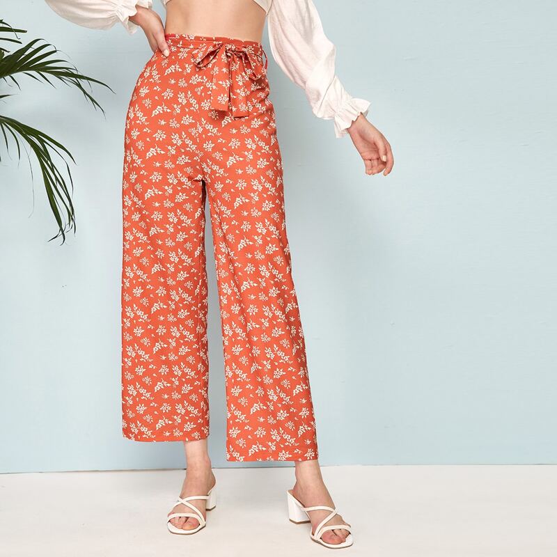 

Ditsy Floral Wide Leg Pants, Coral orange
