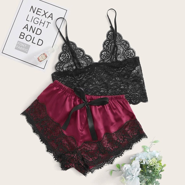 

Floral Lace Bralette With Satin Shorts, Burgundy