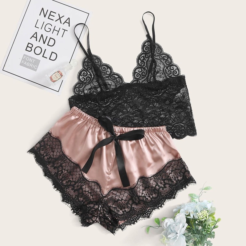 

Floral Lace Bralette With Satin Shorts, Multicolor