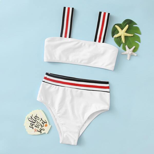 

Girls Stripe Tape High Waisted Bikini Swimsuit, White