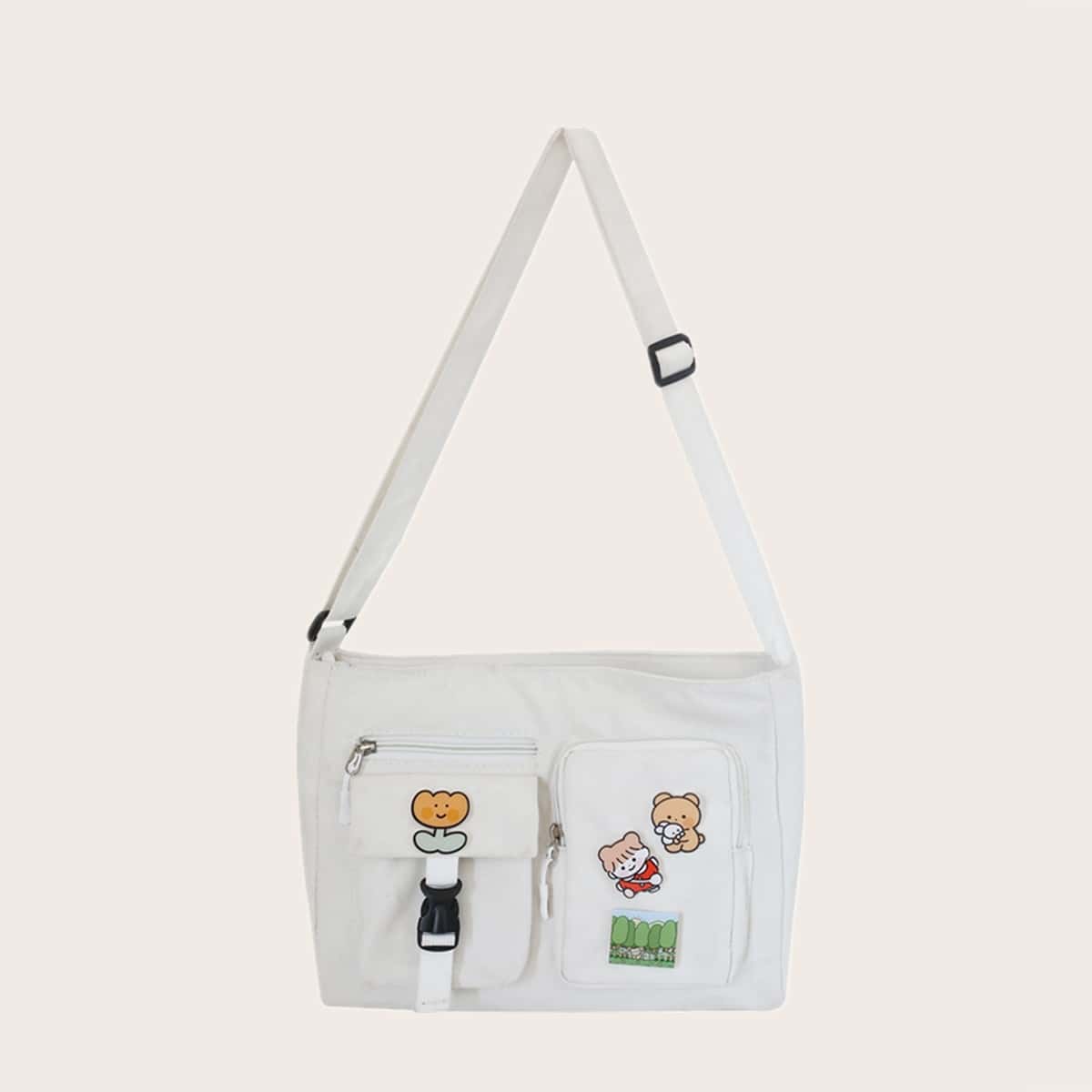 

Cartoon Pocket Canvas Bag, White