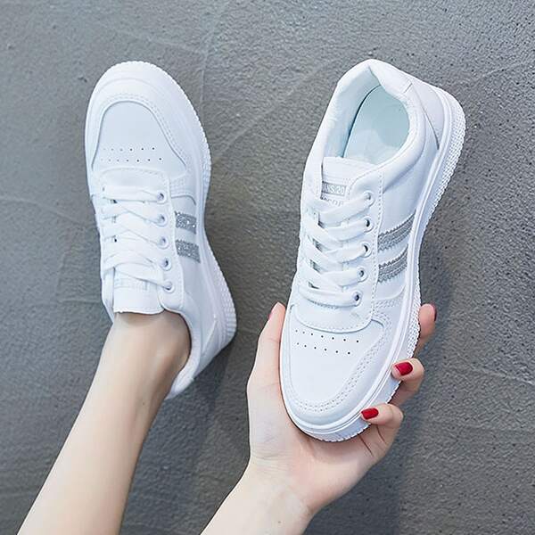 

Lace-up Front Striped Graphic Sneakers, White
