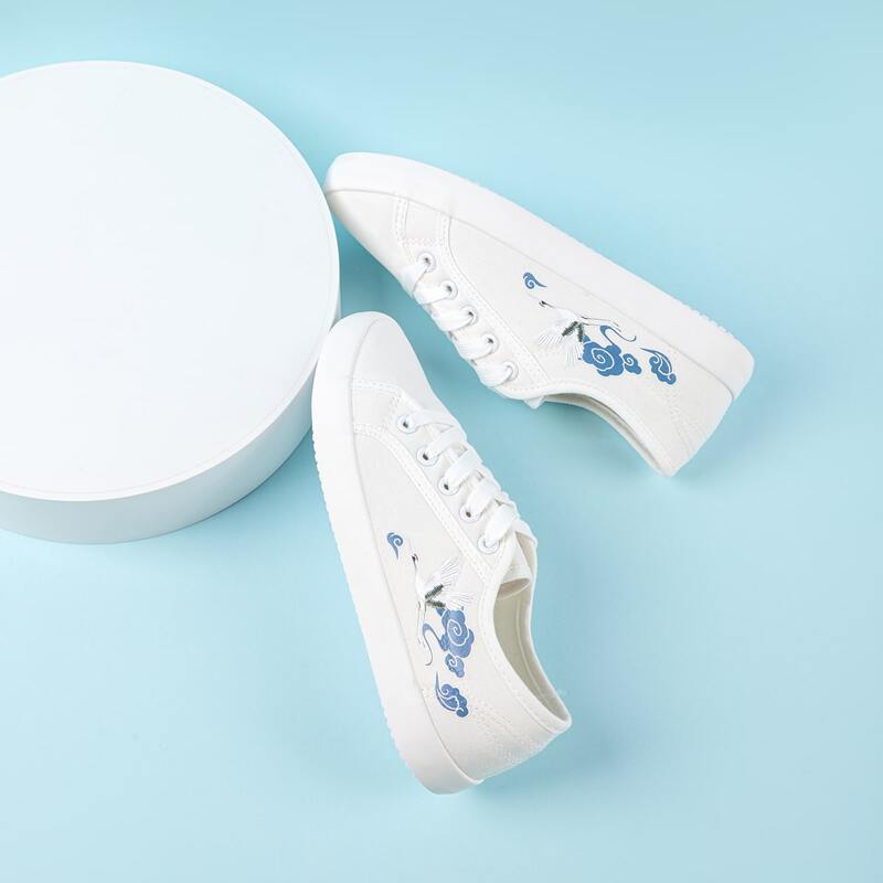 

Crane Pattern Lace-up Front Canvas Sneakers, White