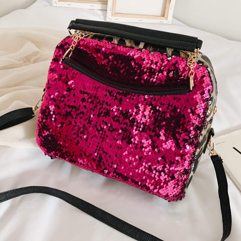 

Leopard Contrast Sequin Satchel Bag, Multicolor