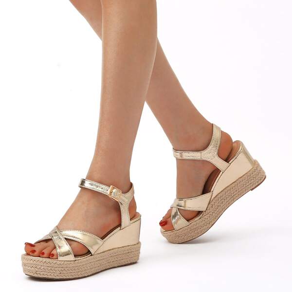 

Cross Strap Ankle Strap Espadrille Wedges, Gold