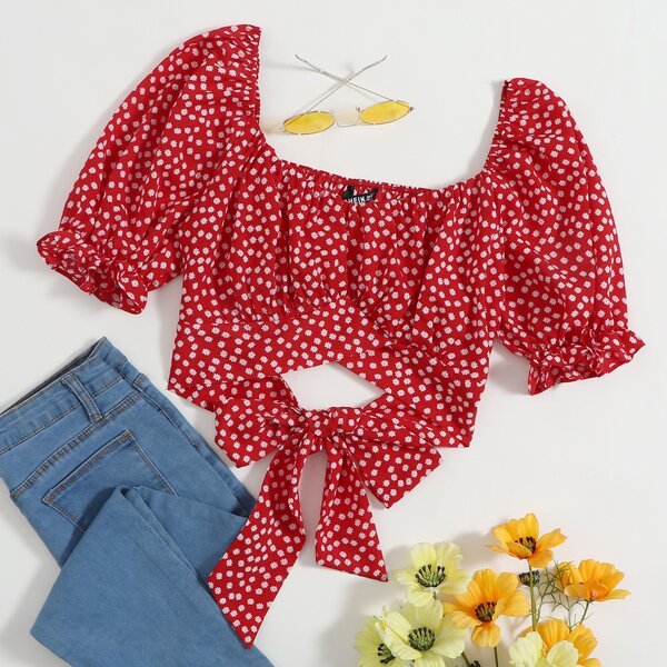 

Puff Sleeve Tie Back Ditsy Floral Milkmaid Top, Red
