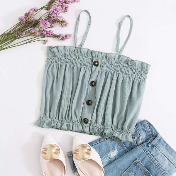 

Frill Shirred Button Front Cami Top, Mint blue