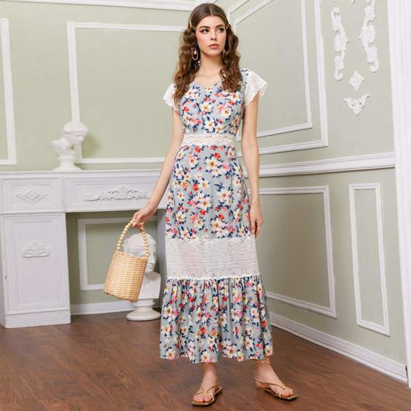 

Floral Lace Panel Double V-neck Ruffle Hem Dress, Multicolor