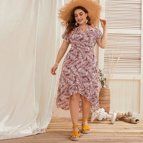 

Plus Allover Tropical Ruffle Wrap Dress, Multicolor