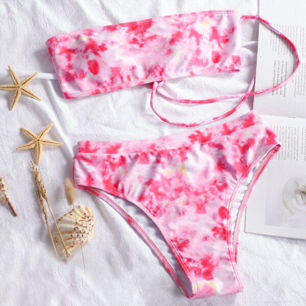 

Tie Dye Lace-up Bandeau Bikini Swimsuit, Pink