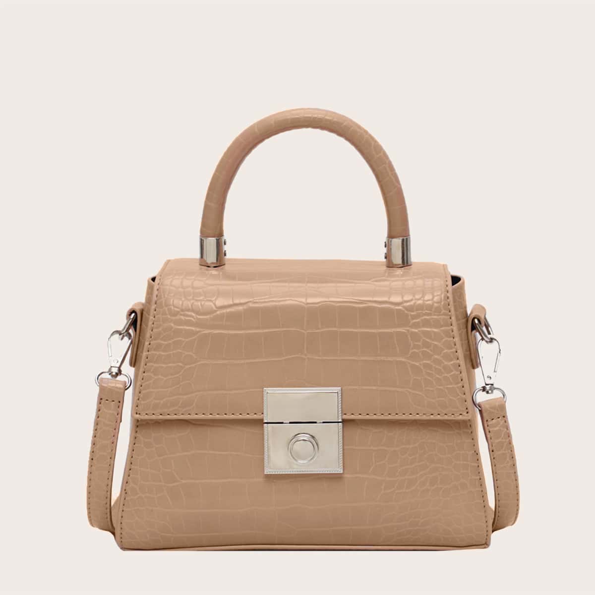 

Croc Embossed Flap Satchel Bag, Khaki