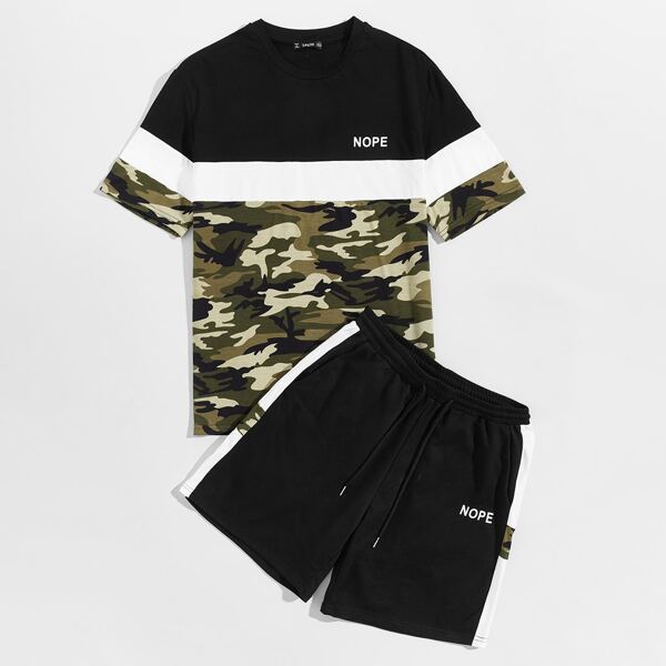 

Men Letter And Camo Print Colorblock Tee & Shorts Set, Multicolor