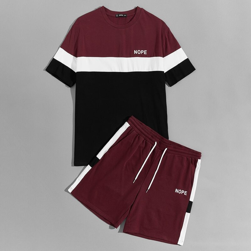 

Guys Letter Graphic Colorblock Top & Sweat Shorts Set, Multicolor