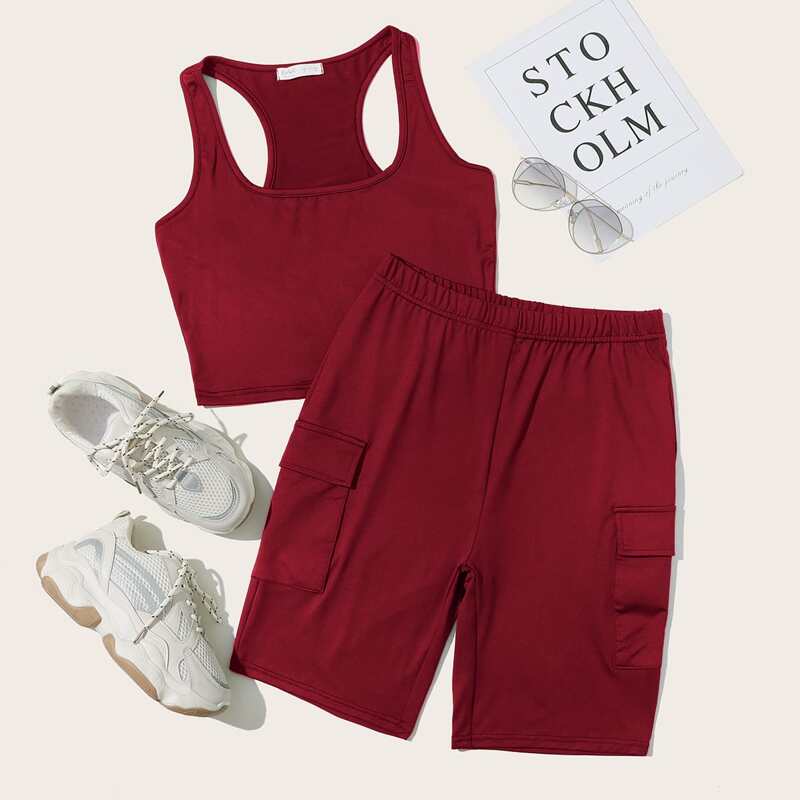 

Racerback Tank Top & Cargo Biker Shorts, Burgundy