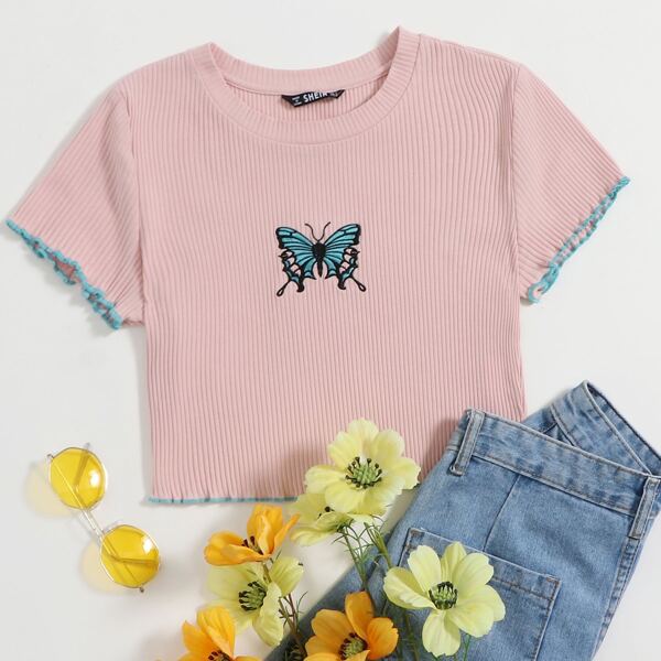 

Contrast Stitch Rib-knit Butterfly Embroidery Crop Top, Pink
