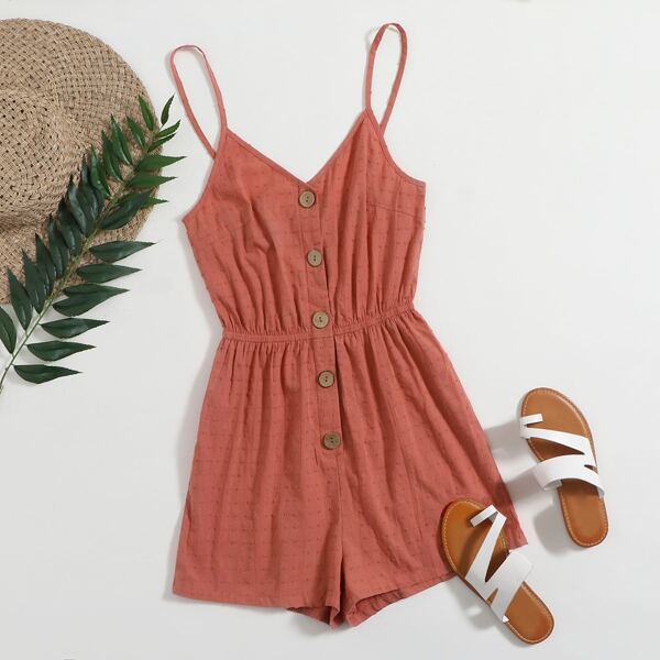 

Button Front Swiss Dot Cami Romper, Rusty rose