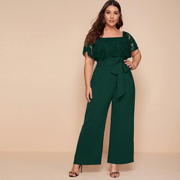 

Plus Wide Leg Self Belted Jumpsuit With Lace Cape, Dark green
