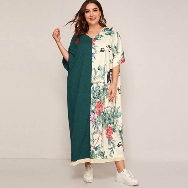 

Plus V-neck Dolman Sleeve Floral Print Splice Dress, Multicolor