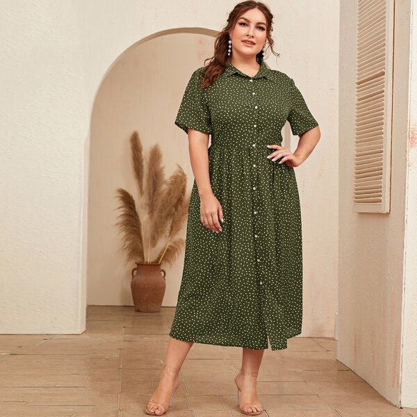 

Plus Polka Dot Button Front Shirt Dress, Army green