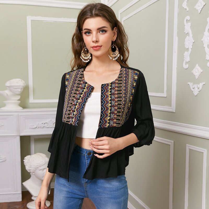 

Flounce Sleeve Tribal Panel Kimono, Black