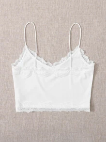 SHEIN MOD Balletcore Lace Trim Rib-knit Crop Cami Top