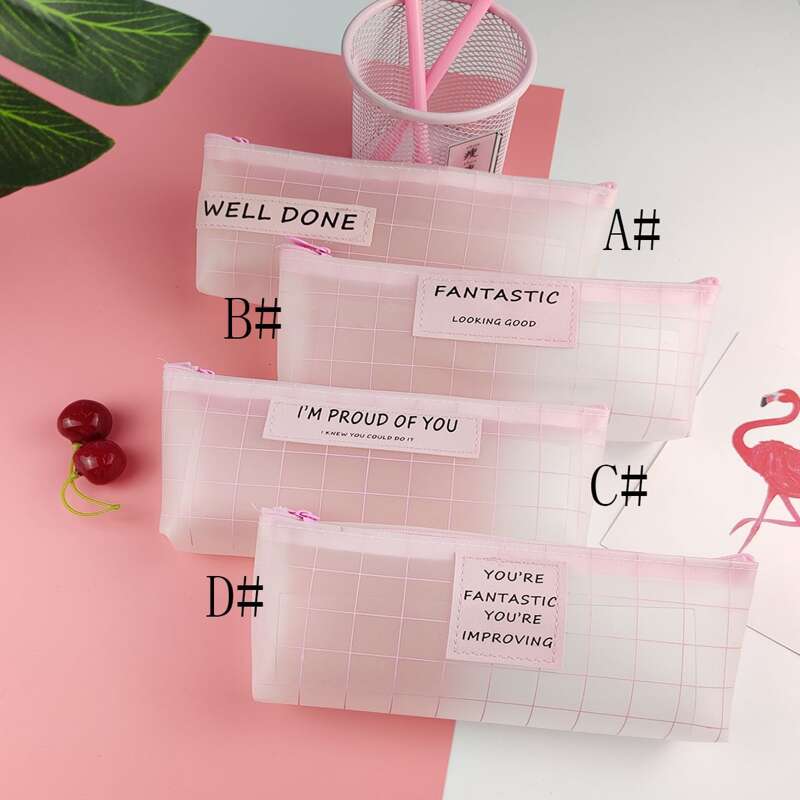 

1pc Plaid Pattern Clear Pencil Case, Pink