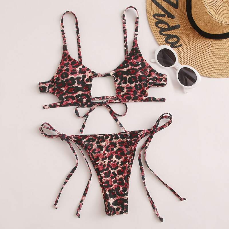 

Leopard Cut-out Tie Side Bikini Swimsuit, Multicolor